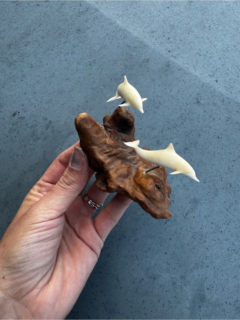 John Perry Handcrafted Driftwood Sculpture with Carved Ivory Dolphins 70s